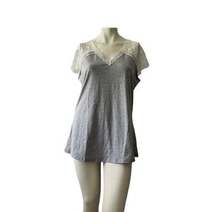 Ouges Women's Shirt Large Grey White V-Neck Lace Blouse Short Sleeves